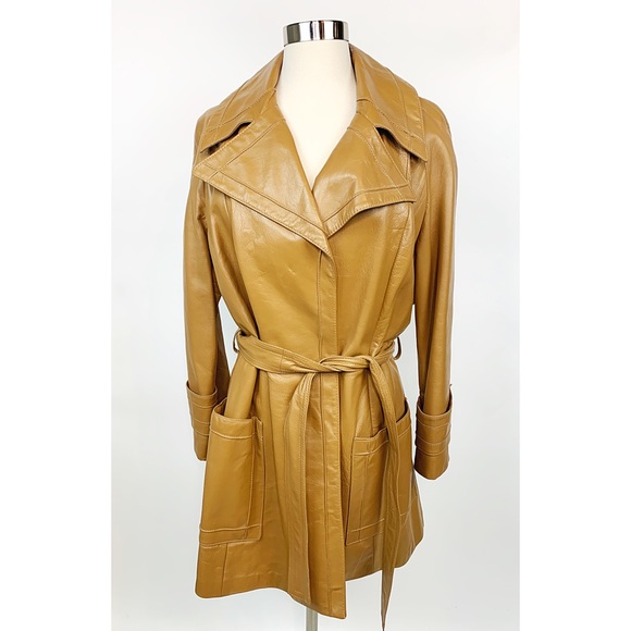 Vintage Jackets & Blazers - Vintage Tan Leather 1970s Wrap Trench Coat Sz L